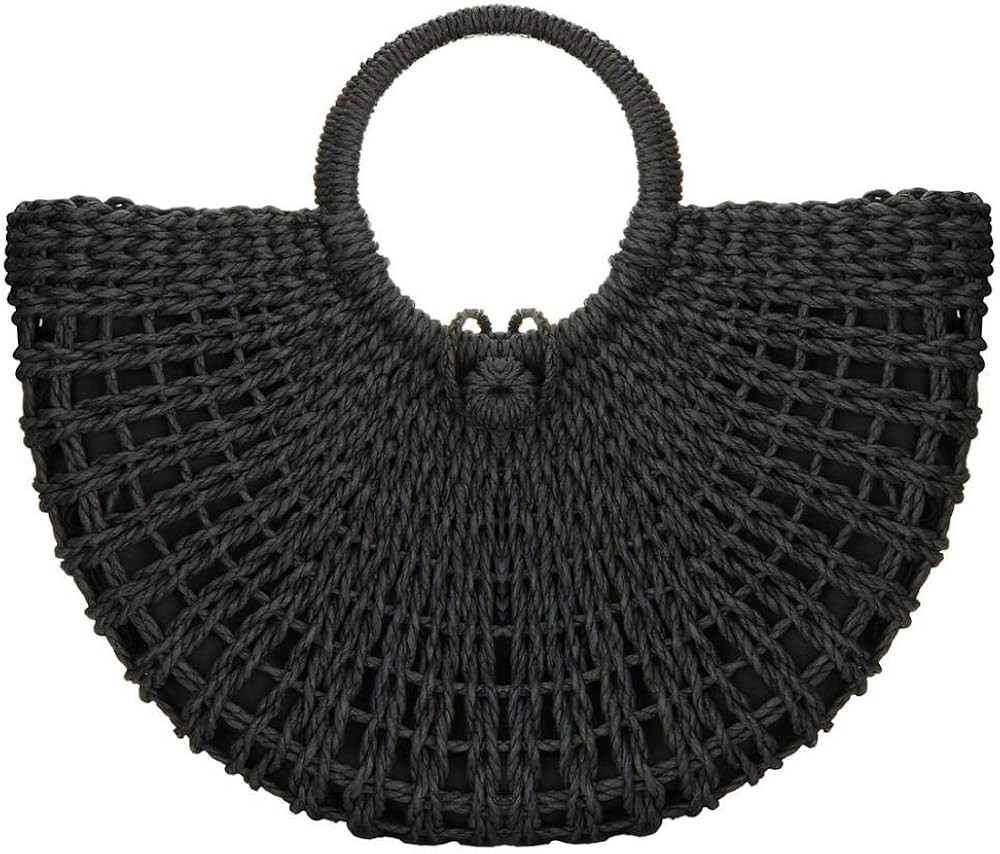 Straw Bags for Women,Hand-woven Straw Top-handle Bag with Round Ring Handle Summer Beach Rattan T... | Amazon (US)