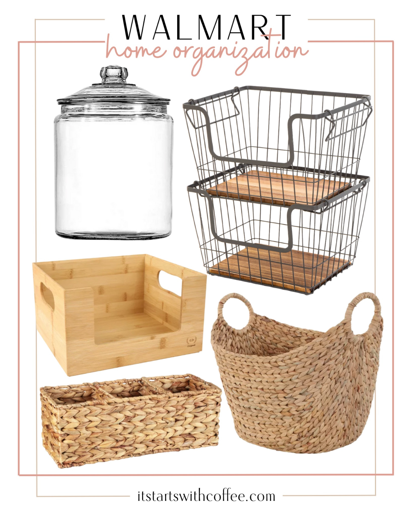 Home organization options from Walmart include apothecary jar, wire baskets, large woven basket, small sectioned woven basket, bamboo bin basket.

Home decor, home organization, home storage, storage solutions, organization 

#LTKunder50 #LTKhome #LTKstyletip