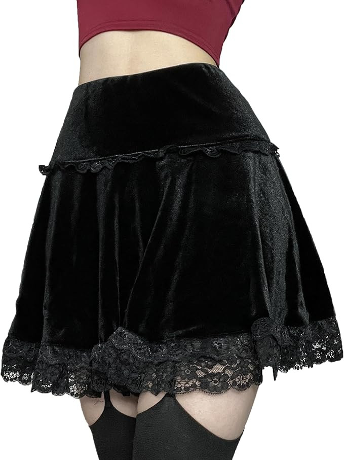 Velvet Lace Little Mini Skirts for Women High Waist Casual Ruffle Skirt Y2k Punk Goth Party | Amazon (US)