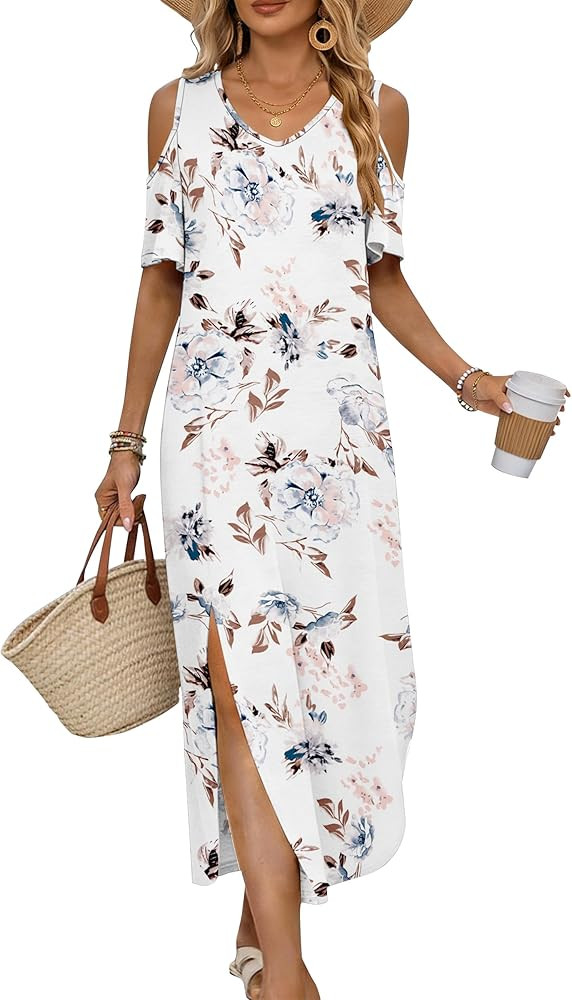 AUSELILY Summer Cold Shoulder Maxi Dresses for Women 2026 V Neck Short Sleeve Long Beach Dresses ... | Amazon (US)