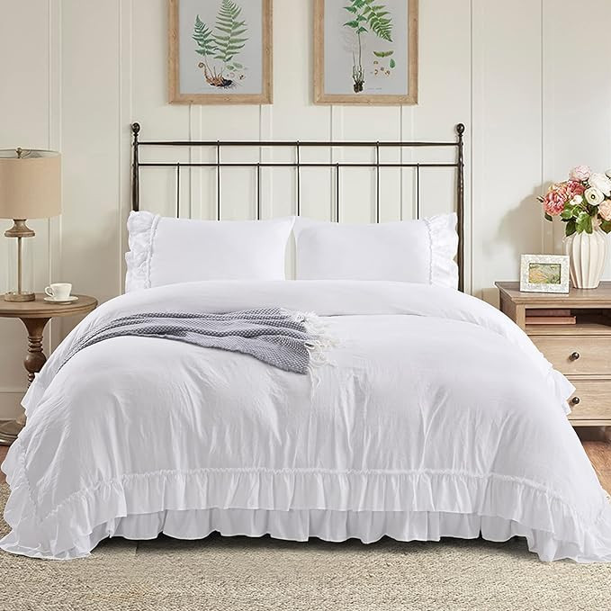 HIGI 3 Piece Pre-Washed Queen Off White Duvet Cover Set - 2 Layers Ruffle with Solid Color Design... | Amazon (US)