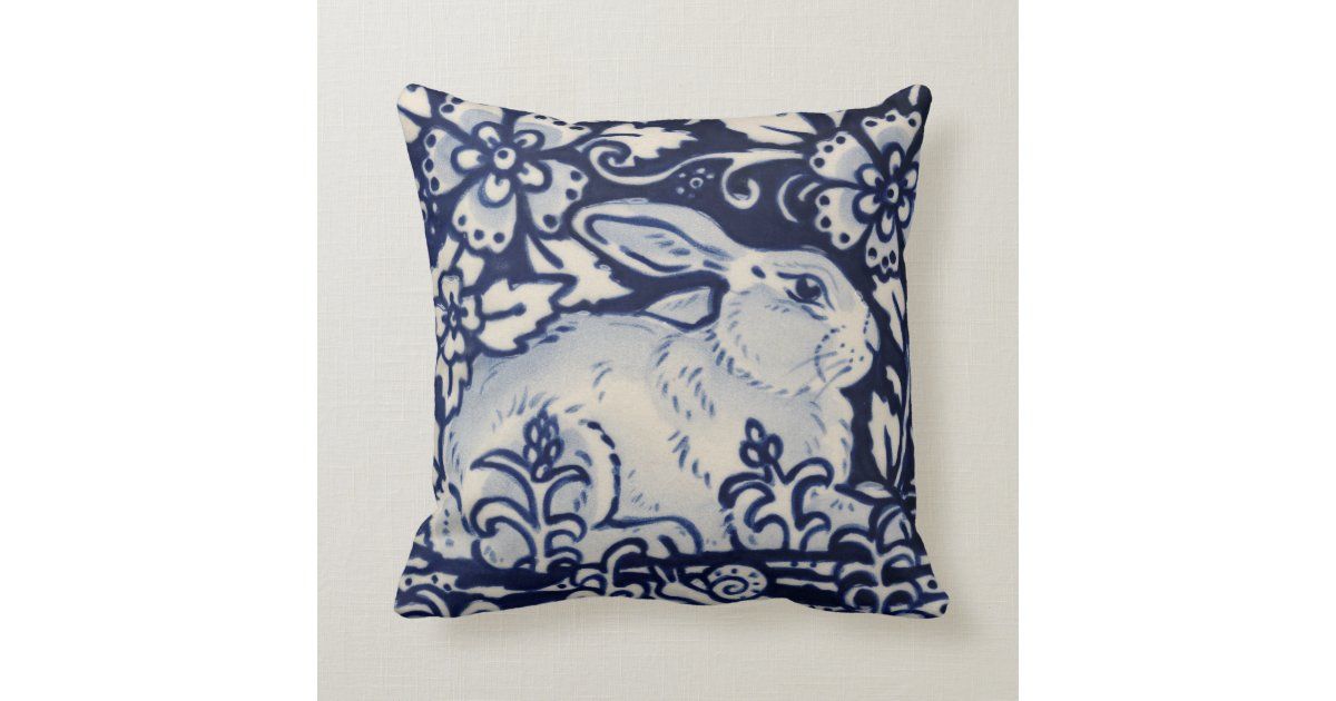Blue White Resting Rabbit Hare Navy Chinoiserie Throw Pillow | Zazzle.com | Zazzle