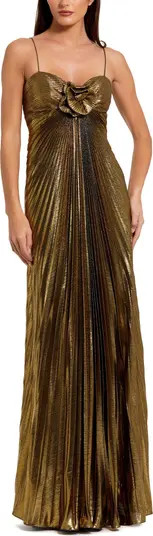Thin Strap Pleated Metallic Gown With 3D Flower | Nordstrom