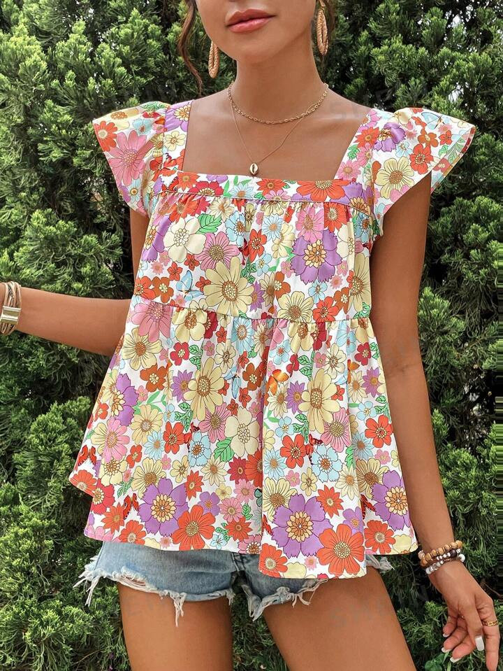 SHEIN VCAY Vacation Regular Fit Loose Doll Collar Women's Woven Shirt With Short Puff Sleeves | SHEIN