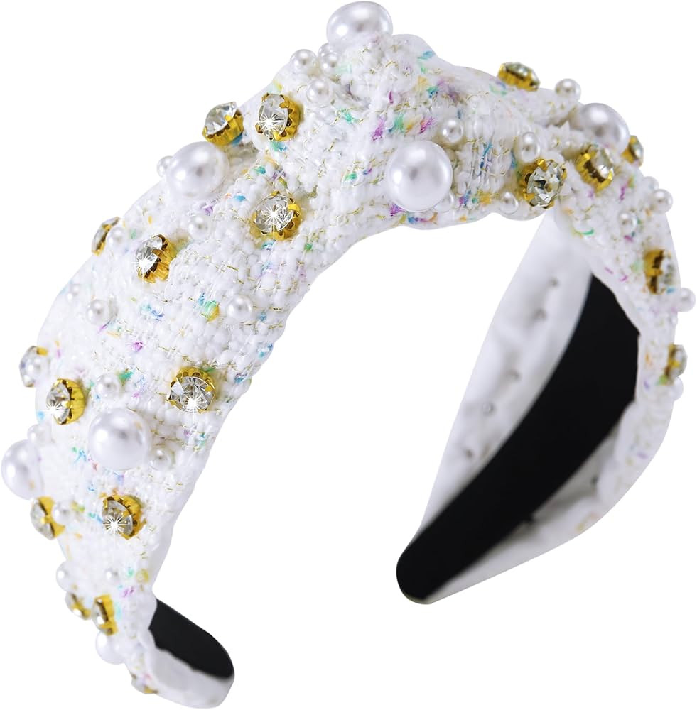 Pearl Rhinestone Tweed Headband for Women Sparkle Luxury Plaid Knotted Headband Wide Vintage Ladi... | Amazon (US)