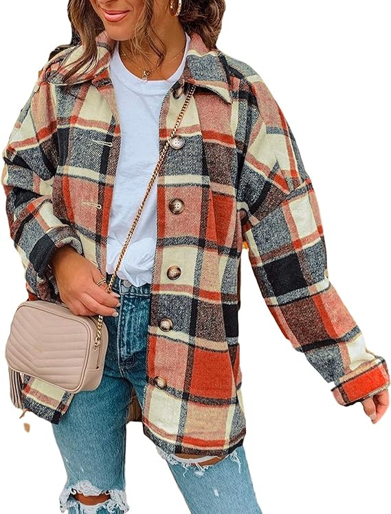 Yeokou Women's Fall Color Block Plaid Flannel Shacket Jacket Button Down Shirt Coat Tops | Amazon (US)