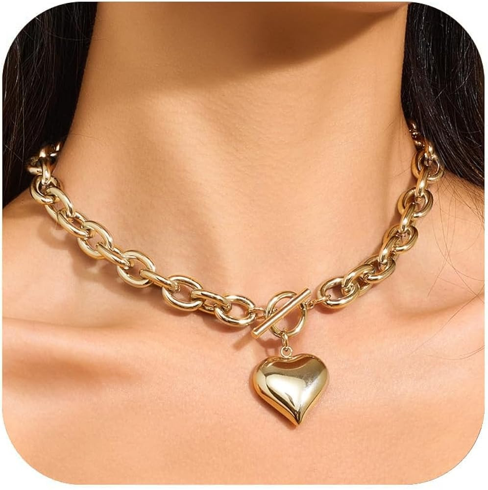 LILIE&WHITE Gold Heart Necklace For Women Chunky Chain Necklace Puffy Heart Necklace Heart Pendan... | Amazon (US)