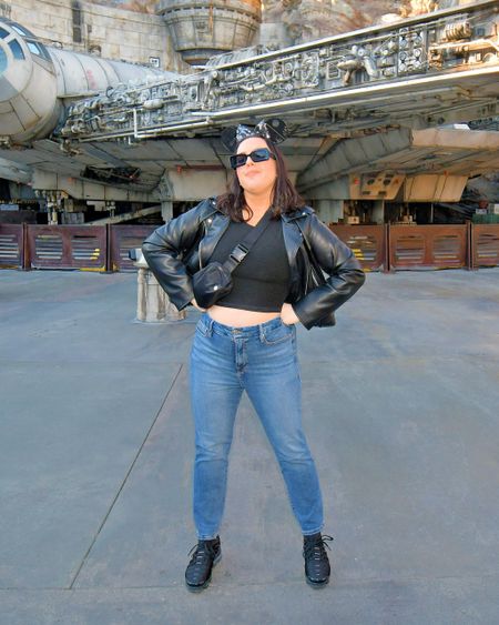 Star Wars Galaxy’s Edge outfit / Disneyland outfit / vacation outfit / travel outfit / straight leg jeans / vegan leather jacket / black sneakers 

#LTKmidsize #LTKshoecrush #LTKtravel