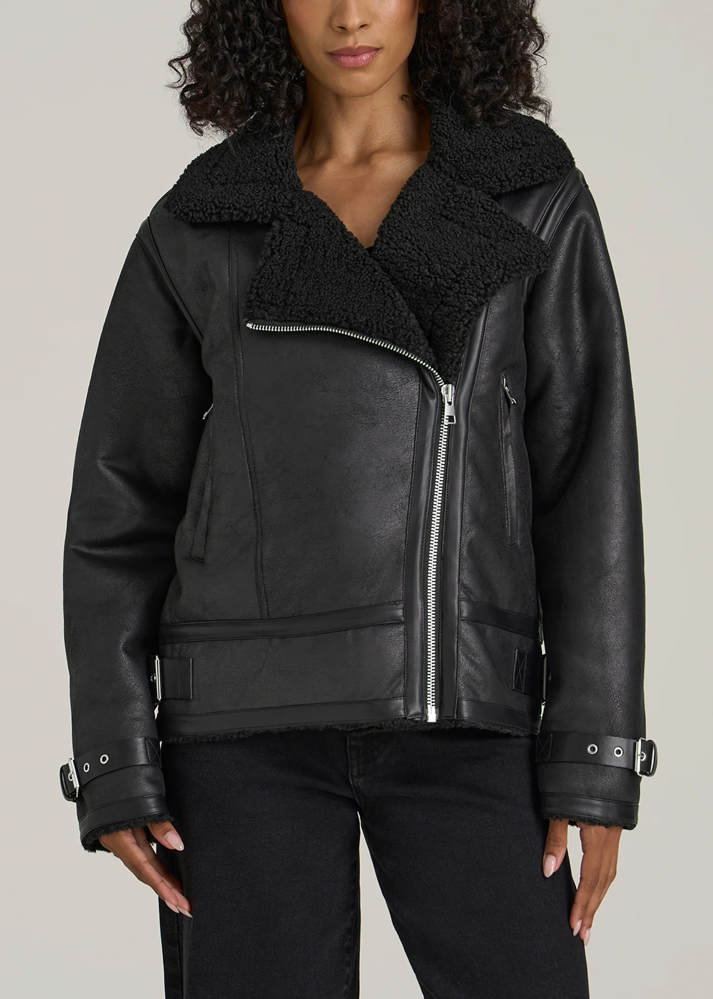 Shearling Moto Jacket for Tall Women in Black | American Tall