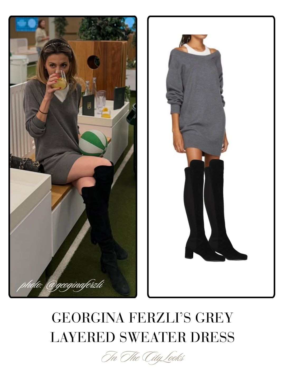 Georgina Ferzli's Grey Layered Sweater Dress and Over the Knee Black Boots // Photo: @dermdocny 

 