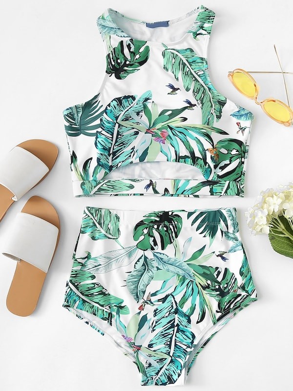 Palm Leaf Print Cut Out Top With High Waist Tankini | SHEIN