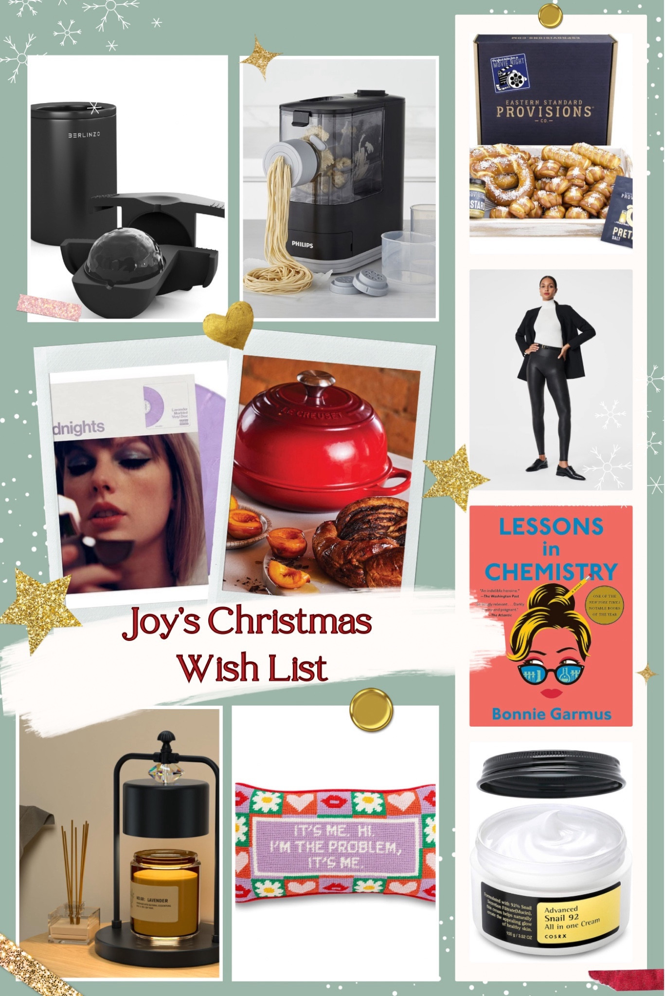 The list that no one asked for but I’m giving you anyway, mine.

These are my most coveted products for the holidays. 

I’m a new Taylor Swift fan so her Midnights vinyl and the cute embroidered pillow by Frubish are high on the list.

I’d love to make more bread and pasta this year so the pasta machine and bread oven are next.

Span faux leather pants are a game-changer for everybody type. I need these in my closet. 

From there, it's a lot of stuff to help me chill. A book, the viral candle warmer lamp, pretzels, and a sphere-shaped ice mold for my bourbon.

Lastly, COSRX Snail Mucin cream for my mature winter skin.

#LTKHoliday #LTKover40 #LTKGiftGuide