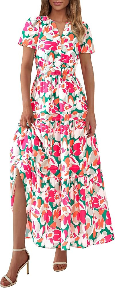 PRETTYGARDEN Women's Summer Boho Maxi Dresses Floral Short Sleeve V Neck A Line Tiered Ruffle Flo... | Amazon (US)