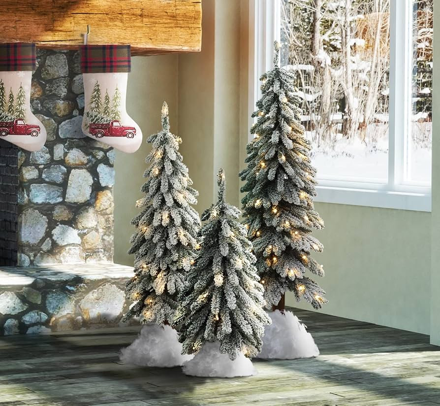 Haute Decor Lightly Flocked Alpine Tree withWood Pole and Warm White Battery Operated LED Lights ... | Amazon (US)