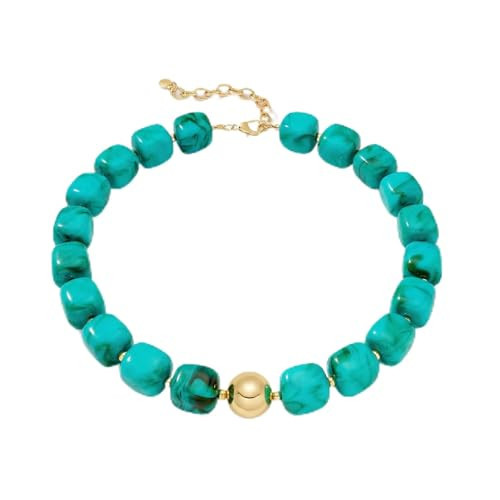 MYCUTEY Chunky Turquoise Beaded Statement Necklace for Women Trendy Boho Choker Necklace Adjustable Gold Chain with Turquoise Resin Square Beads Beach Jewelry for Summer & Casual Wear | Amazon (US)