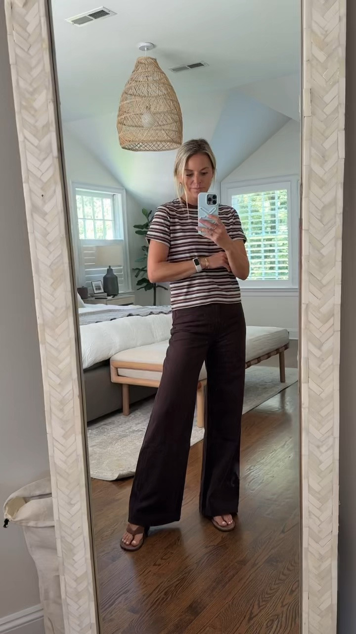 Abercrombie sale!! Use code DENIMAF for extra 15% off 
•dark brown wide leg jeans fit tts. I’m 5’5 wearing 26R 
•striped tee size small, fits tts  (exact colorway sold out, but solid colors still in stock) 
•sandals fit tts

#LTKSaleAlert