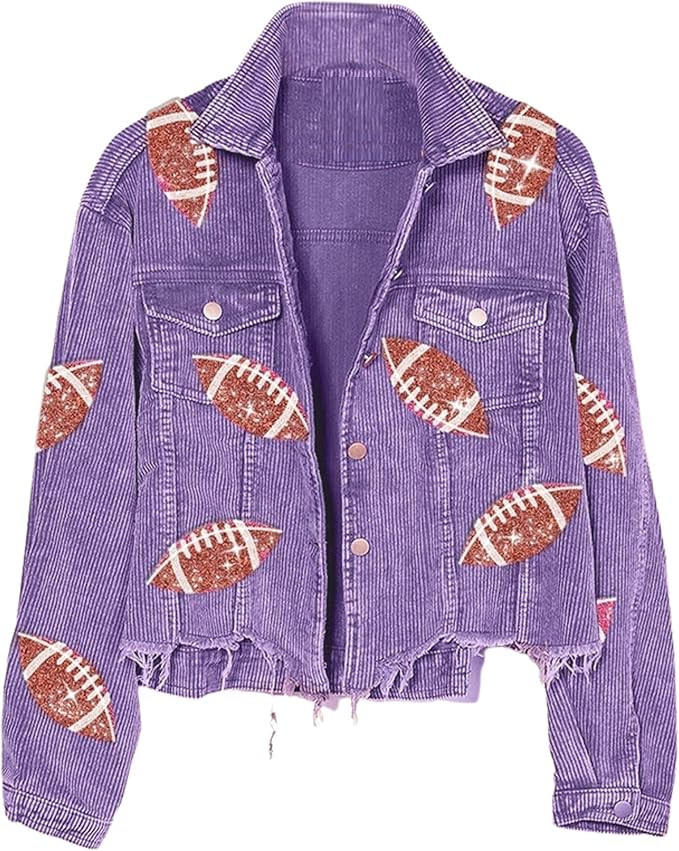 Xunger Women’s Football Corduroy Sequin Jacket Cropped Distresses Rugby Patched Shacket Coat | Amazon (US)