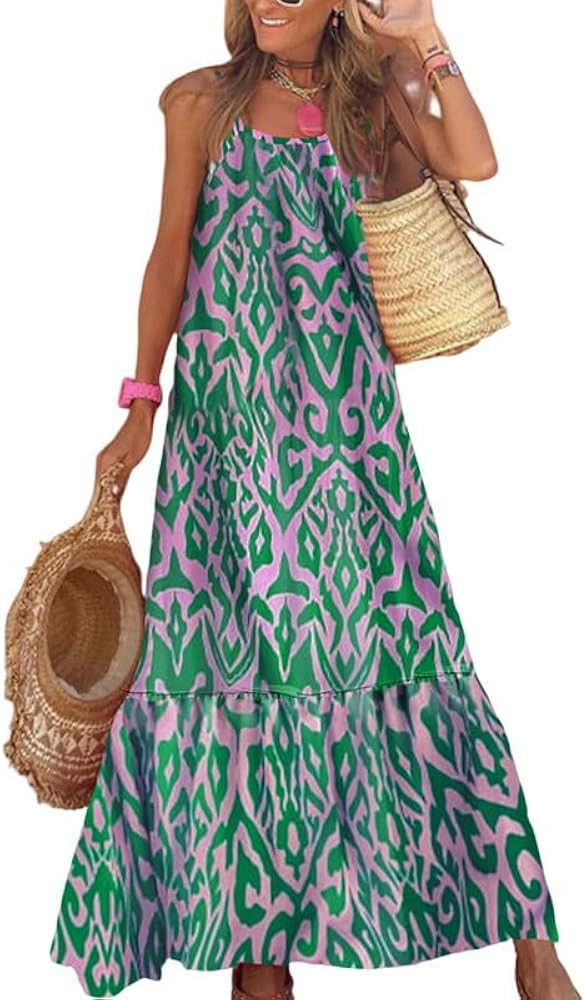 Dokotoo Women Summer Dresses 2023 Spaghetti Strap Scoop Neck Smocked Ruffle Flowy Boho Maxi Dress | Amazon (US)