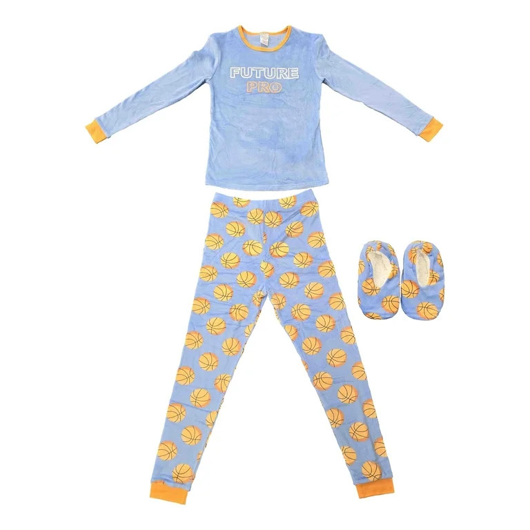 Modern Kids Boys Long Sleeve Pajama with Bonus Cozy Slipper 2-Piece Set, Sizes 4-16 | Walmart (US)