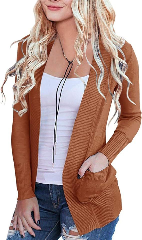 MEROKEETY Women's Open Front Casual Knit Cardigan Classic Long Sleeve Sweater with Pockets | Amazon (US)