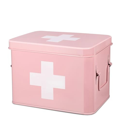 Flexzion First Aid Box Organizer, Empty 8.5 Inch Pink Vintage First Aid Kit Tin Metal Medical Box First Aid Storage Box Container Bins with Dividers, Removable Tray and Cross Logo | Amazon (US)