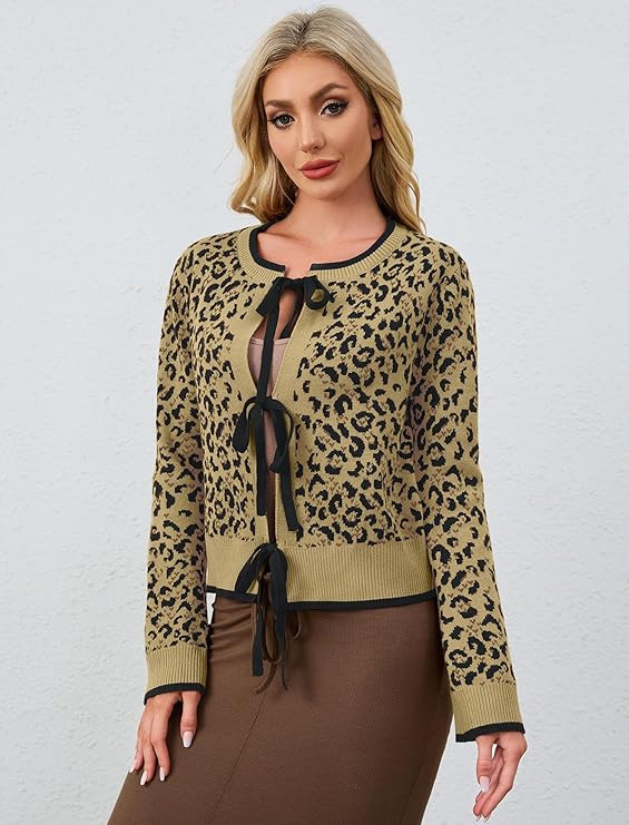 Ythomm Women Leopard Print Bow Tie Cardigan Sweaters Long Sleeve Crewneck Open Front Knit Cardiga... | Amazon (US)