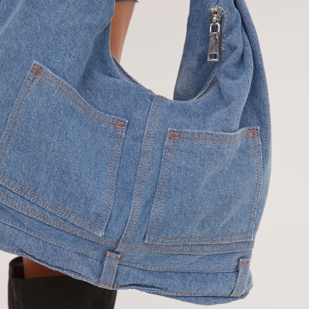 Wanda Belted Buckle Jean Detail Slouched Shoulder Bag In Blue Denim | EGO (UK)