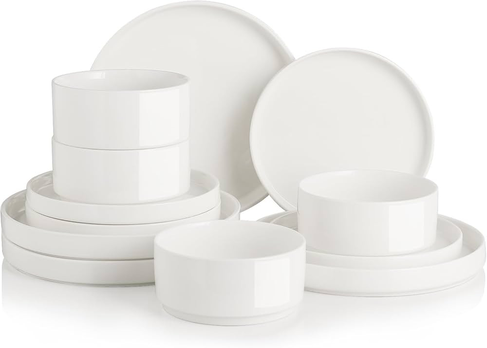 Sweejar Porcelain Dinnerware Sets for 4, 12 Pieces Ceramic Plates and Bowls Set, Classic Modern S... | Amazon (US)