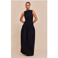 Black Stretch Woven Ruched Detail Drop Waist Maxi Dress | PrettyLittleThing US