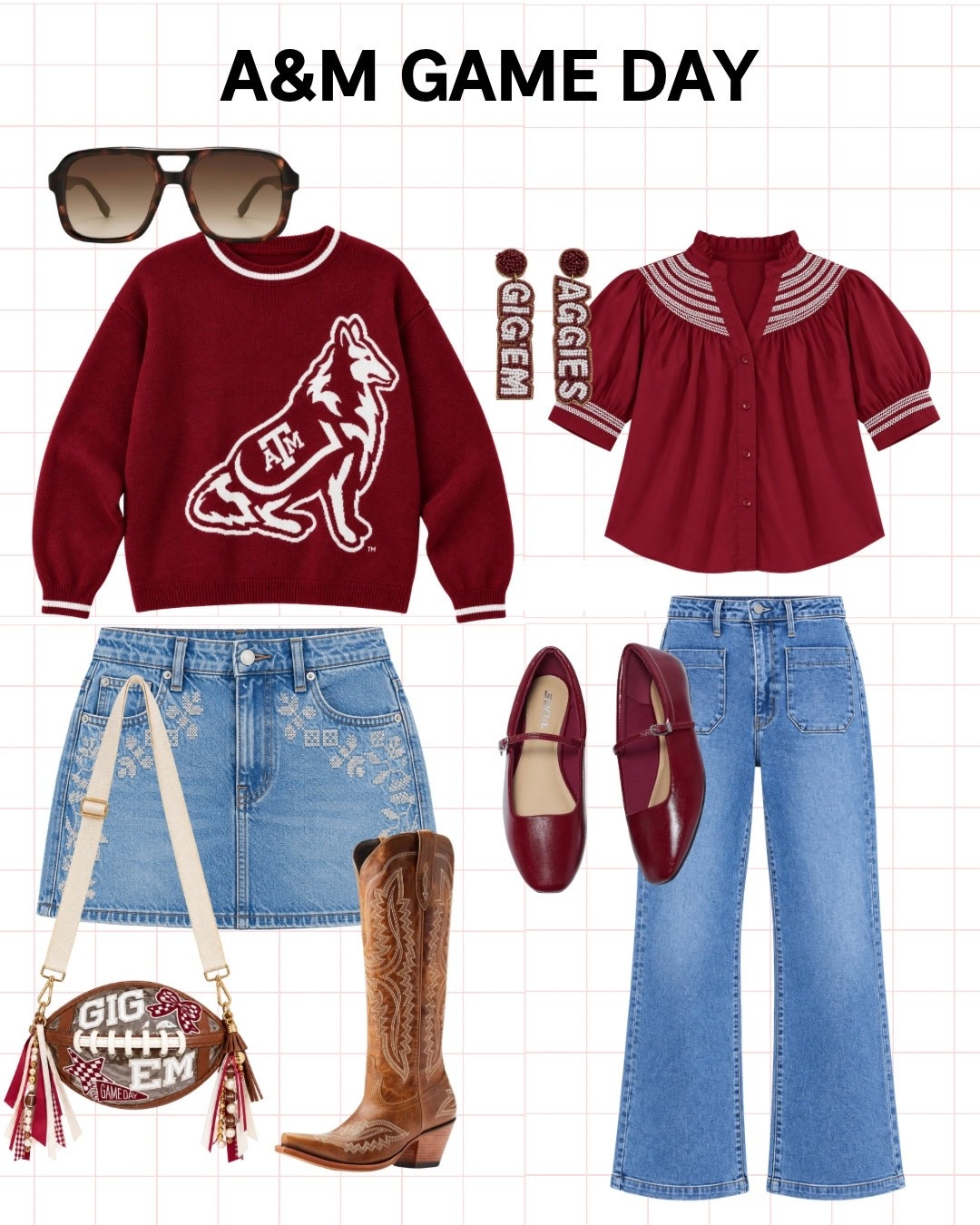 Texas A&M game day outfit inspo 👍🏻🤎 Cute maroon + denim looks for Aggies football, tailgating in College Station and Saturdays at Kyle Field. Shop an A&M sweater, embroidered denim skirt, wide leg jeans, cowboy boots, Mary Janes + game day accessories for an easy fall college football outfit. Gig ’em!

#TexasAM #Aggies #AggieGameDay #TAMU #GameDayOutfit #CollegeGameDay #TailgateOutfit #Tailgating #CollegeStation #KyleField #FootballOutfit #FallGameDay