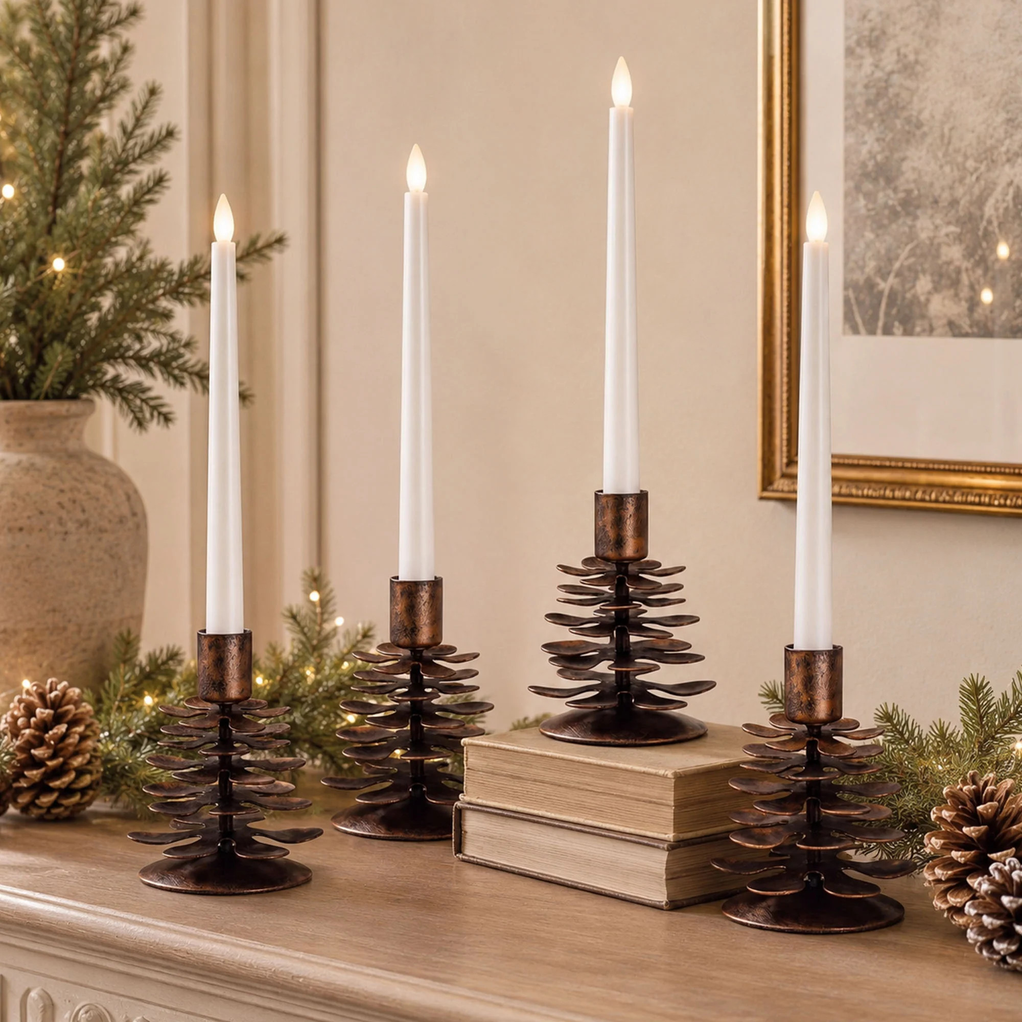 Christmas Pine Cone Taper Candle Holder Set of 4 | Wayfair North America