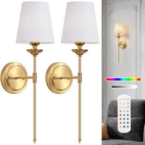 femusytt Battery Operated Wall Sconces Set of 2, Rechargeable Cordless Wall Light with Remote and Fabric Shade, 10 Color Modes Gold Dimmable Wireless Wall lamp for Bedroom Living Room Hallway | Amazon (US)