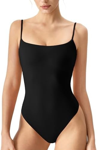 QINSEN Women‘s Spaghetti Strap Bodysuit Top Square Neck Sleeveless Double Lined Cami Shirts | Amazon (US)