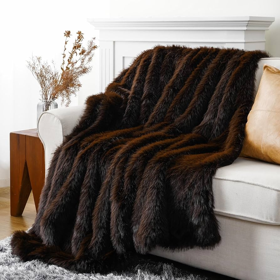 BATTILO HOME Luxury Brown Faux Fur Throw Blanket, Large Soft Warm Cozy Fuzzy Fluffy Fur Blankets ... | Amazon (US)