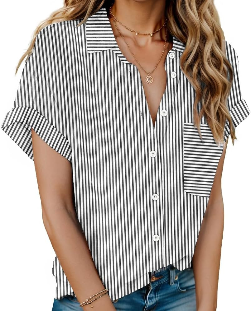 HOTOUCH Linen Shirts for Women Button Down Short Sleeve Tops Cotton Blouses Collared Button-up Be... | Amazon (US)