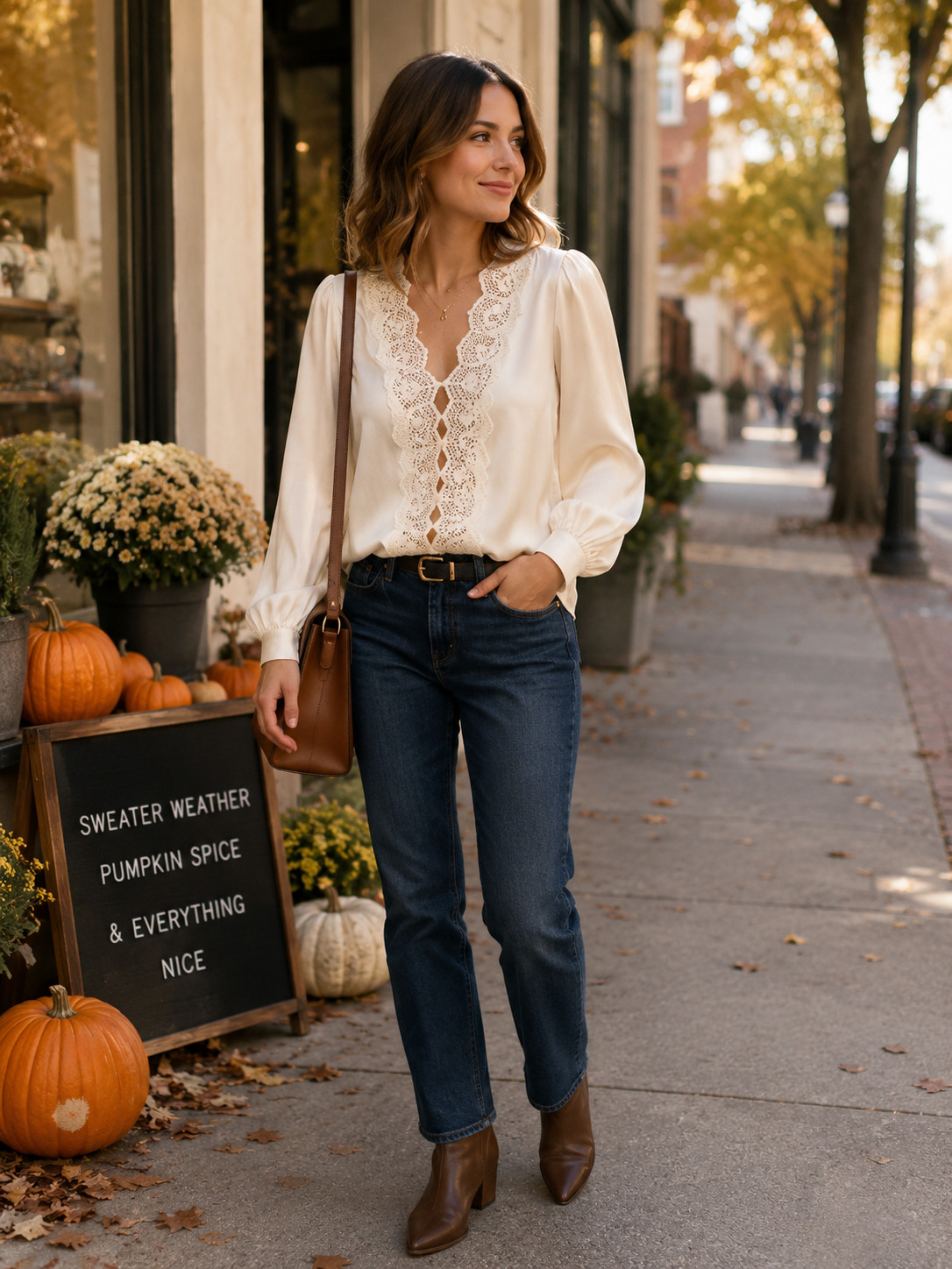 This cream lace top is such a pretty fall find if you love those soft, feminine outfits that still feel easy to wear. The lace trim makes it feel a little romantic, but it still looks super cute with dark denim, brown ankle boots, and a simple neutral bag. I’d totally wear this for brunch, church, dinner, or just a cute fall day out. #FallTops #LaceTop #FallOutfitIdeas #FeminineFallStyle #AutumnFashion #FallFashionFinds #LTKFashion 

 #LTKootd #LTKSeasonal #LTKU