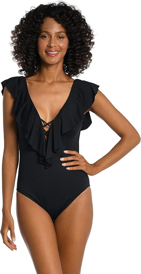 La Blanca Womens Island Goddess Over The Shoulder Ruffle Plunge One Piece | Amazon (US)