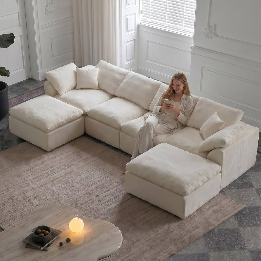 139" Cloud Couch Sectional for Living Room, Boneless Modular U Shaped Sofa with Double Chaise, Ov... | Amazon (US)