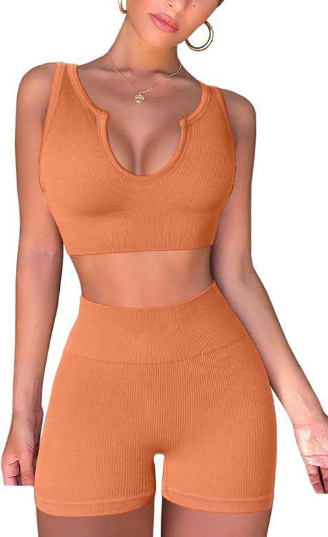 FAFOFA Seamless Workout Sets for Women Ribbed Sport Bra High Waist Running Shorts Gym 2 Piece Yoga S | Amazon (US)