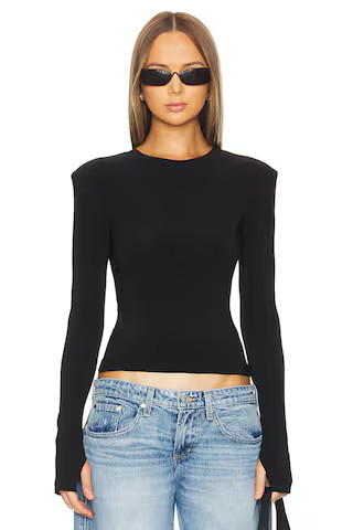 Norma Kamali Shoulder Pad Long Sleeve Crew Top in Black from Revolve.com | Revolve Clothing (Global)