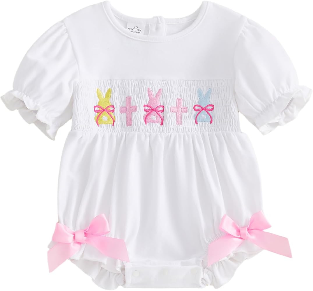 Baby Girl Easter Outfit Bunny Cross Embroidery Bubble Romper Short Sleeve Easter Onesie Cute Smoc... | Amazon (US)