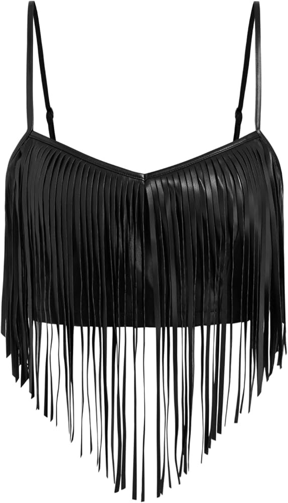 CIDER Womens Crop Top Faux Leather Fringe Cami Tops | Amazon (US)