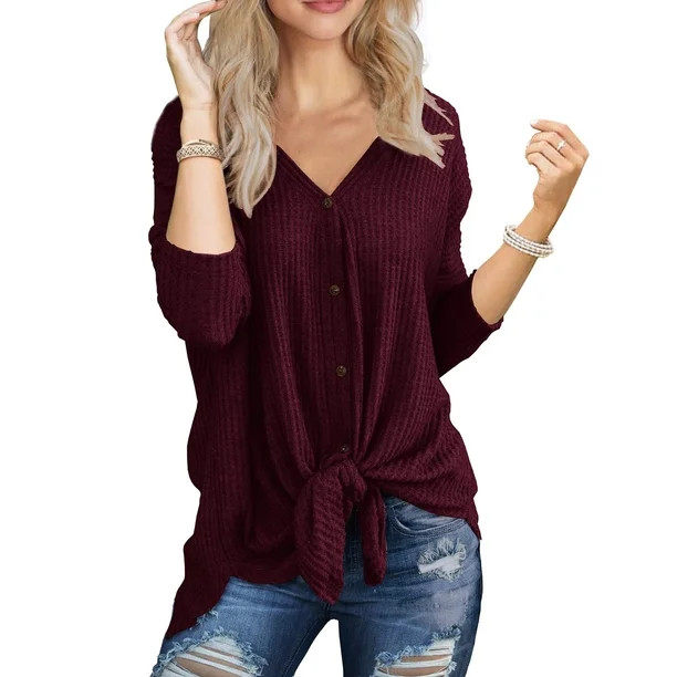 JWD Womens Loose Blouse Long Sleeve V Neck Button Down T Shirts Tie Front Knot Casual Tops Wine R... | Walmart (US)