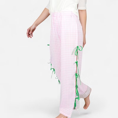 Anna-Kaci Lounge Women's Gingham Wide Leg Pants with Elastic Waistband Contrast Side Ribbon Tie Details Design- Pink, Small | Target