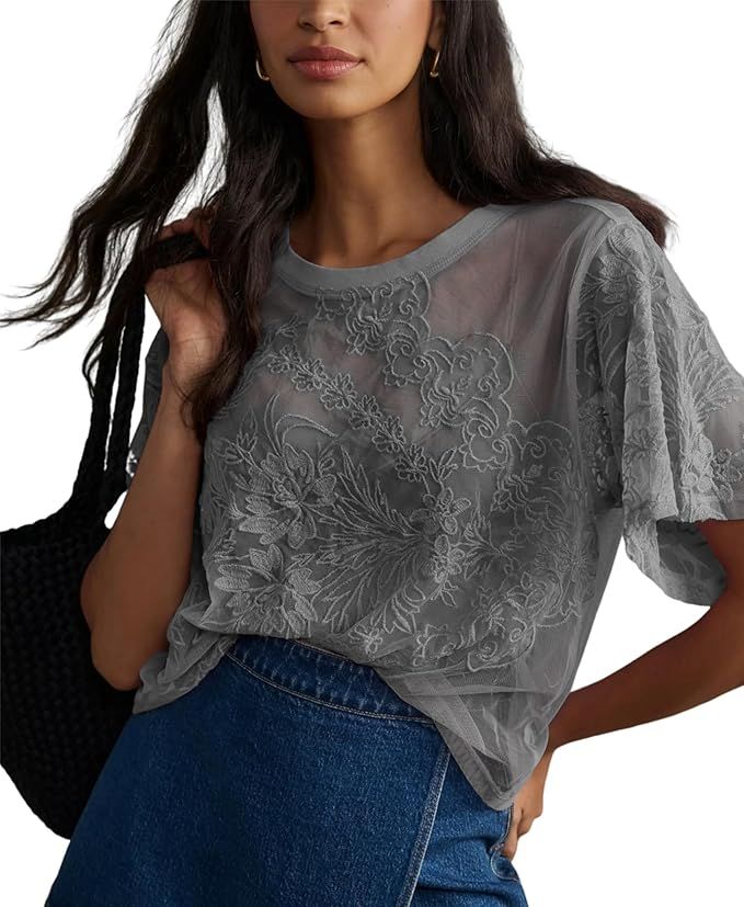 Women's Sexy Mesh Tops Short Sleeve Round Neck Lace 3D Printed Floral Sheer Blouse See Through La... | Amazon (US)