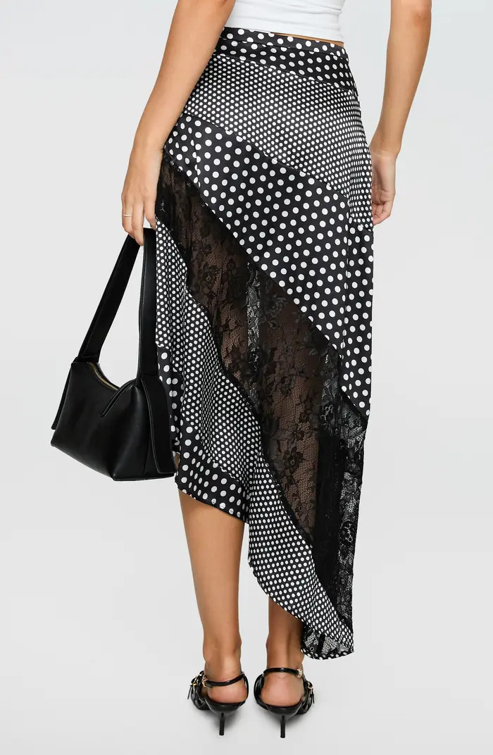 Midnight Memories Mixed Polka Dot & Lace Asymmetric Midi Skirt | Nordstrom