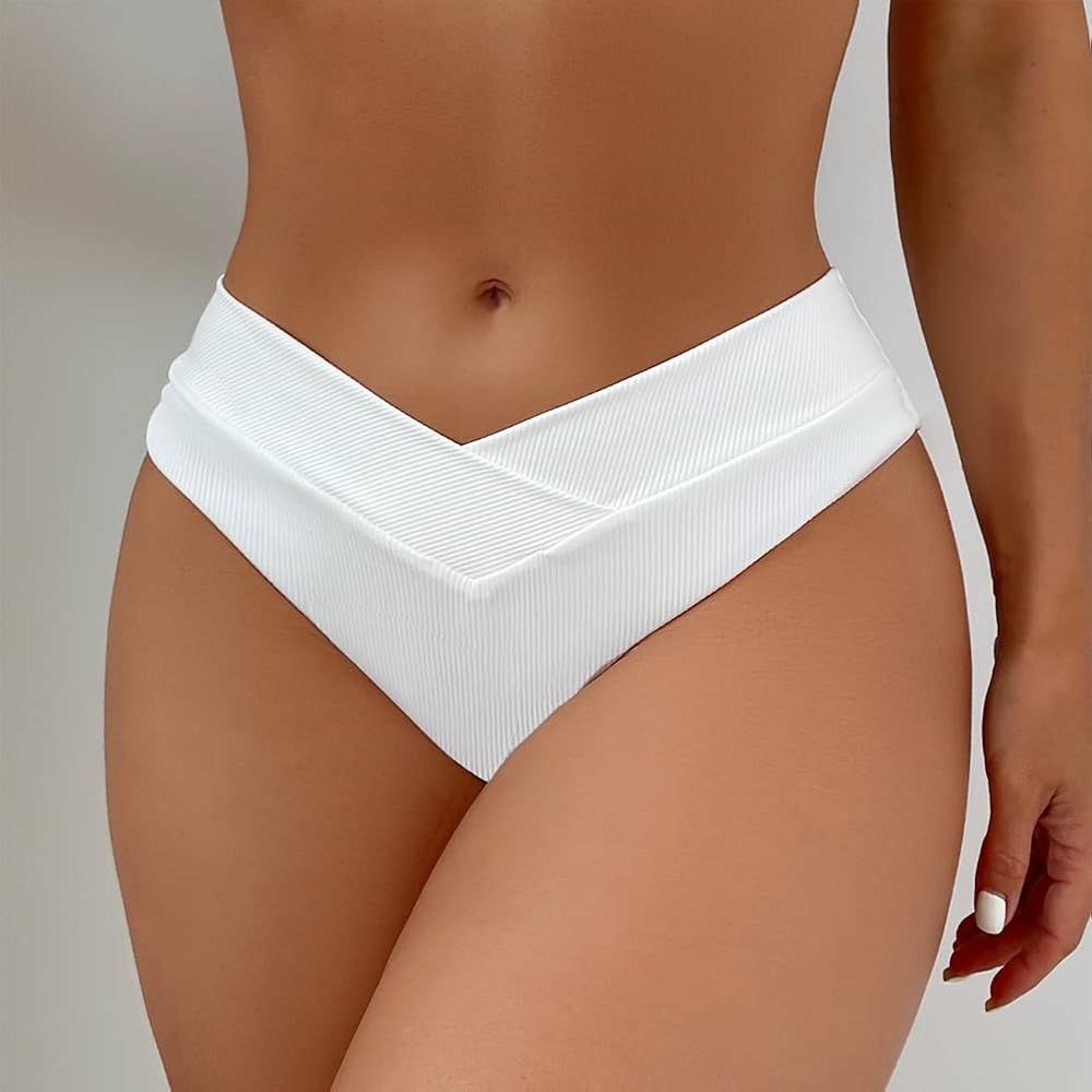 VATEIS V Swimsuit Bottom Women's High Cut Bikini Beach Panty Crisscross high Waisted Hipster Ribbed  | Amazon (US)