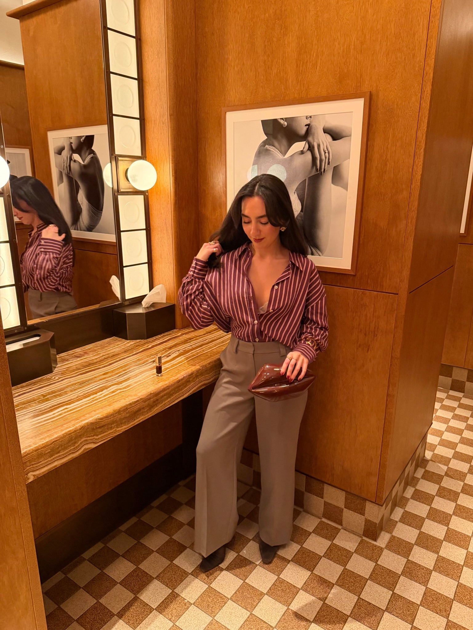 Brunch outfit, striped shirt, marks and Spencer trousers, smart trousers, zara shirt, lulu guiness clutch, suede boots, dune boots, sezane ring, sezane gold cuff