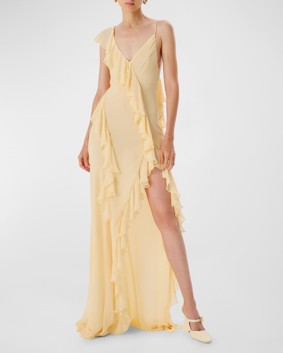 Olivialle Ruffle Chiffon Slit Gown | Neiman Marcus