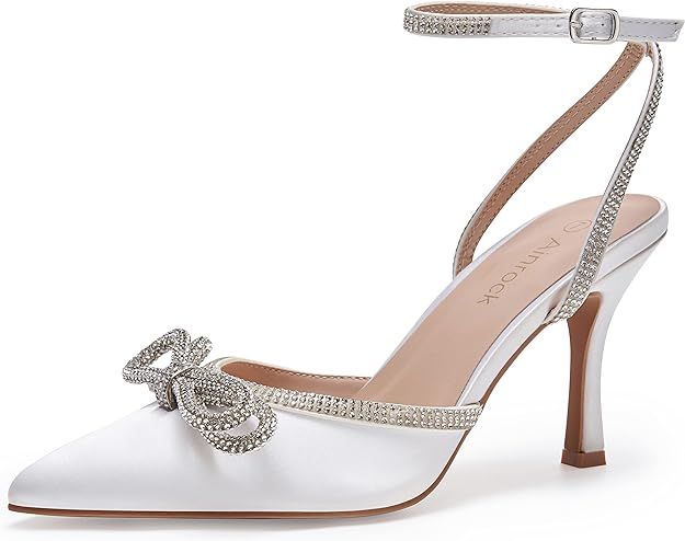Ainrock Women's Rhinestone Bow Heels Sparkly Wedding Closed Pointed Toe High Sexy Satin Stiletto ... | Amazon (US)